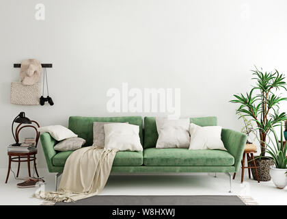 Mock up wall in olive green modern interior background, living room, Scandinavian style, 3D render, 3D illustration Stock Photo