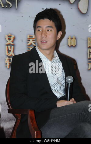 --FILE--Hong Kong actor Jaycee Chan, the son of kungfu superstar Jackie Chan, attends a press conference for his movie 'Chrysanthemum to The Beast' in Stock Photo