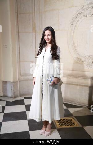 Hong Kong model and actress Angelababy poses at the Christian Dior fashion show during the Paris Haute Couture Fashion Week Spring/Summer 2015 in Pari Stock Photo