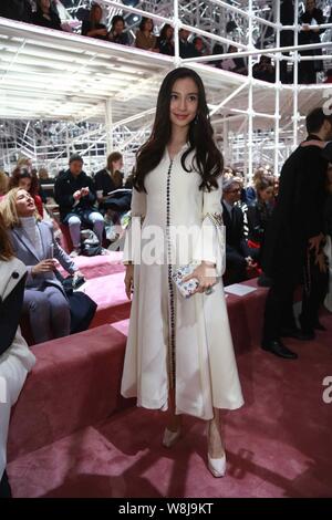 Hong Kong model and actress Angelababy poses at the Christian Dior fashion show during the Paris Haute Couture Fashion Week Spring/Summer 2015 in Pari Stock Photo