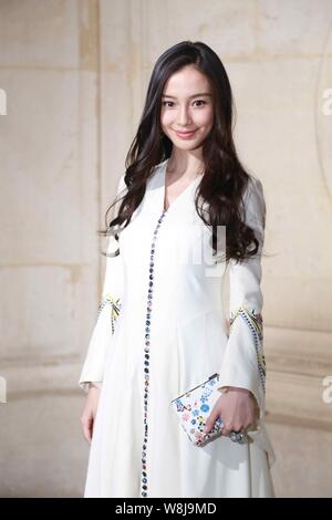 Hong Kong model and actress Angelababy poses at the Christian Dior fashion show during the Paris Haute Couture Fashion Week Spring/Summer 2015 in Pari Stock Photo