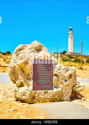 Monument to The Battle of Trafalgar with the famous Lighthouse in the background. Cape Natural Park. Barbate, Los Caños de Meca, Cadiz. Spain. Stock Photo