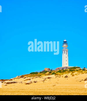 Trafalgar Lighthouse in The Cabo de Trafalgar Cape Natural Park. Barbate, Los Caños de Meca, Cadiz. Andalusia, Spain. Stock Photo