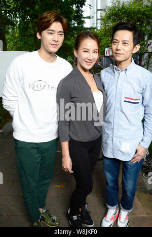 (From left) Chinese actor Li Yifeng, Taiwanese-American singer Coco Lee and Chinese director He Jiong pose at the shooting scene of their new movie in Stock Photo