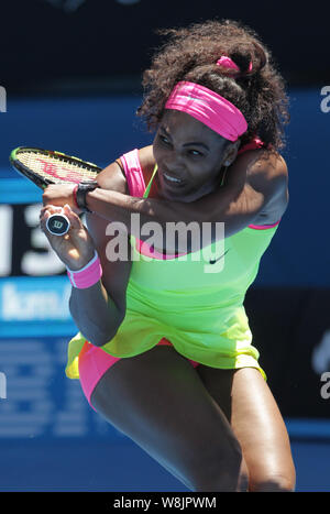 Serena Williams of the U.S. returns a shot to Elina Svitolina of Ukraine during their third round match at the Australian Open tennis tournament in Me Stock Photo