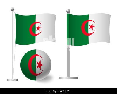 Algeria flag on pole and ball. Metal flagpole. National flag of Algeria  illustration Stock Photo