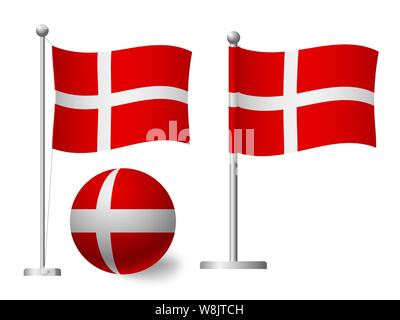 Denmark flag on pole and ball. Metal flagpole. National flag of Denmark  illustration Stock Photo