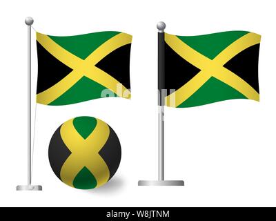 Jamaica flag on pole and ball. Metal flagpole. National flag of Jamaica  illustration Stock Photo