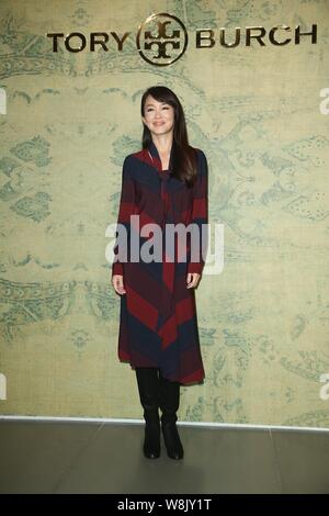 Singaporean singer and actress Fann Wong poses during a promotional event for the 2015 autumn/winter collection of Tory Burch in Taipei, Taiwan, 20 Au Stock Photo