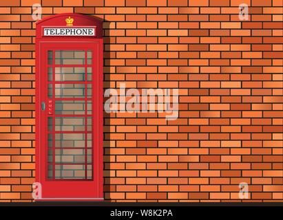 Traditional red London telephone box in front of brick wall, detailed vector with depth Stock Vector