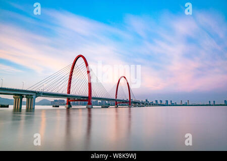 View of the Zhijiang Bridge, also known as the 7th Qiantangjiang River Bridge, in Qianjiang New Town in Hangzhou city, east China's Zhejiang province, Stock Photo