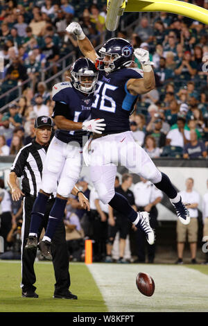 August 8, 2019: Tennessee Titans tight end Anthony Firkser (86) celebrates his touchdown with wide receiver Kalif Raymond (14) during the NFL game between the Tennessee Titans and the Philadelphia Eagles at Lincoln Financial Field in Philadelphia, Pennsylvania. Titans won 27-10. Christopher Szagola/CSM Stock Photo