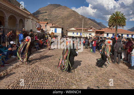 Dancing in the streets at the Virgen del Carmen Festival, held in Pisac and Paucartambo, Peru Stock Photo