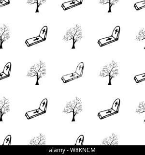 Halloween trees and tombstones seamless outline pattern isolated on white background. Halloween trees and tombstones seamless outline pattern in a han Stock Vector