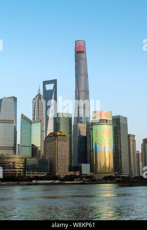 --FILE--Cityscape of the Lujiazui Financial District with the Shanghai Tower, tallest, the Shanghai World Financial Center (SWFC), center, Jinmao Towe Stock Photo