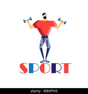 Vector illustration of a strong man athlete with dumbbells on a white background. Advertising icon of a sports club or web site. Stock Vector
