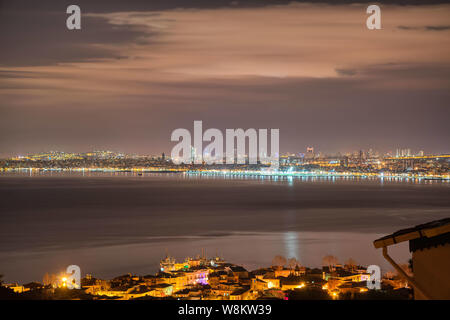 View at night of the Asian side of Istanbul across the Marmara sea from Buyukada Turkey Stock Photo