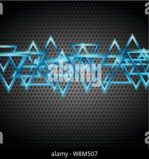 Blue glossy shiny triangles on dark perforated background. Vector design Stock Vector