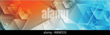 Blue and orange concept web banner with glossy hexagons. Geometric background, tech header vector design Stock Vector