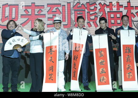 (From left) American actor Jack Black, actress Kate Hudson, Hong Kong kungfu superstar Jackie Chan, Chinese actor Huang Lei, Taiwanese singer and acto Stock Photo