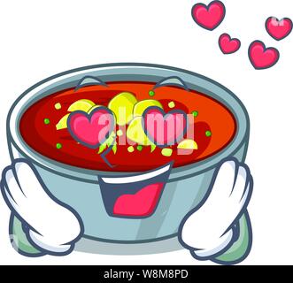 In love gazpacho dishes above wooden table character Stock Vector