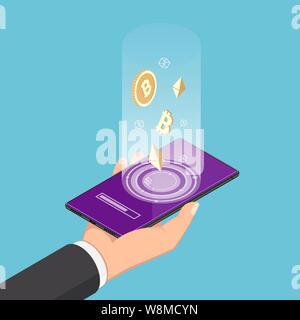 Flat 3d isometric businessman hand holding smartphone with cryptocurrency symbol floating on screen. Cryptocurrency exchange concept. Stock Vector