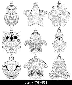 Zentangle stylized Christmas set of decorations. Hand Drawn lace vector illustration Stock Vector