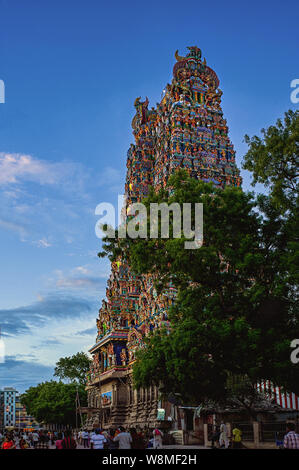 23 Aug 2009 Madurai Tamil Nadu India Richly decorated and painted gopuram of sri meenakshi temple Stock Photo