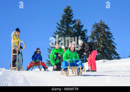 Funny afternoon in wintertime on sleigh slope Stock Photo