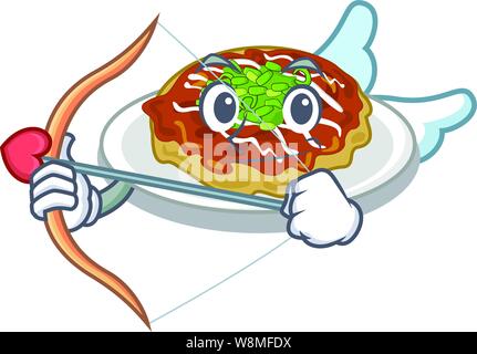 Cupid okonomiyaki is cooked in cartoon pan Stock Vector