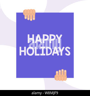 Handwriting text writing Happy Holidays. Conceptual photo Made a short journey by a group of showing for pleasure Two hands holding big blank rectangl Stock Photo
