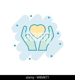 Heart care icon in comic style. Charity vector cartoon illustration on white isolated background. Love in hand business concept splash effect. Stock Vector