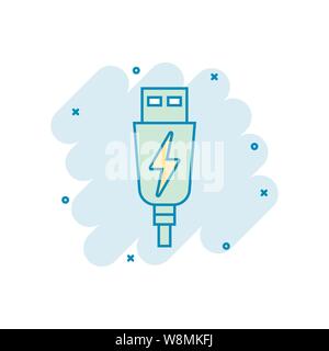 Usb cable icon in comic style. Electric charger vector cartoon illustration on white isolated background. Battery adapter splash effect business conce Stock Vector