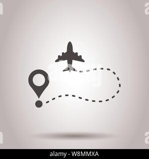 Airplane flight route icon in transparent style. Travel line path vector illustration on isolated background. Dash line trace business concept. Stock Vector