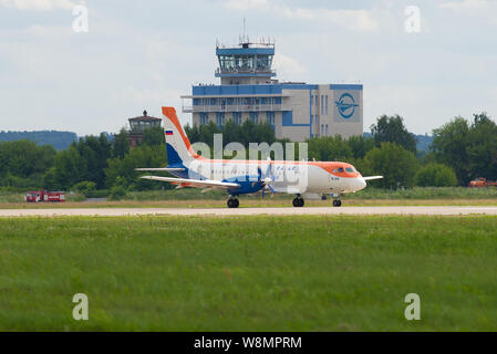 ZHUKOVSKY, RUSSIA - JULY 20, 2017: Airplane IL-114 (91003) on the runway of the Zhukovsky airport on a summer day. Fragment of the MAKS-2017 air show Stock Photo