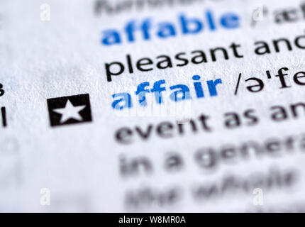 MONTREAL, CANADA - JULY 17, 2019: affair word in a dictionay with meaning. Close-up and selective focus. Stock Photo