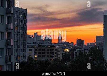 Warsaw skyline with Palace of Culture and Science at sunset, Poland Stock Photo