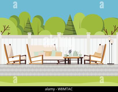 Relaxing porch zone private backyard patio retreat with outdoor country soft sofa, table with cups of tea and flowers, armchairs and lamps Stock Vector