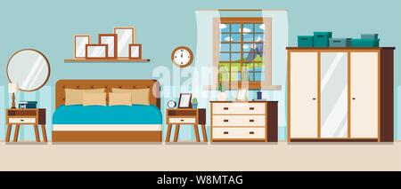 Bedroom with window view of summer day landscape. Stock Vector