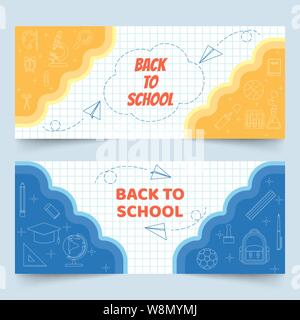 Back to school banners on white grid paper with school , class elements, stationery and paper planes in line art style Stock Vector