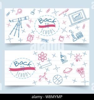 Back to school banners with school and class elements line art on notebook paper Stock Vector