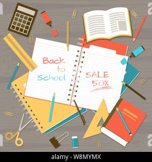 Back to school banner with realistic note pads, school and class elements on wooden table from top view Stock Vector