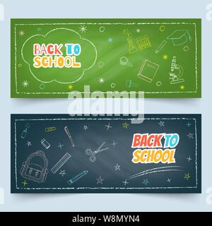 Back to school banners with multicolor chalk drawing of school and class elements on green and black textured chalkboard Stock Vector