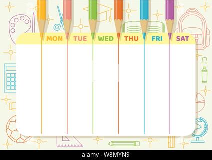 School timetable with color pencils draw colorful lines on light yellow paper with school and class elements line art Stock Vector