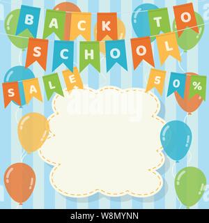 Back to school banner with colorful hanging flag garlands, balloons and blank stitched cloud on blue strips background Stock Vector