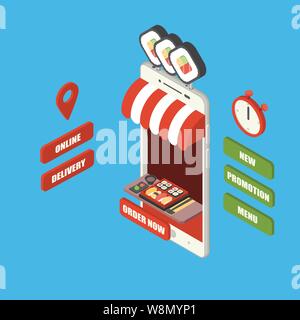 Online fast food order and delivery concept, giant isometric smartphone with japanese food, sushi set bento, chopstick and wasabi on tray, counter Stock Vector