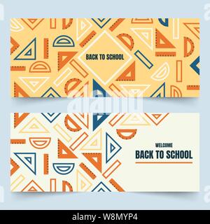 Back to school banners with simplified rulers, semicircle protractors and triangular set squares on plain background Stock Vector