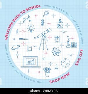 Back to school background with school and class elements in line art style on grid paper Stock Vector