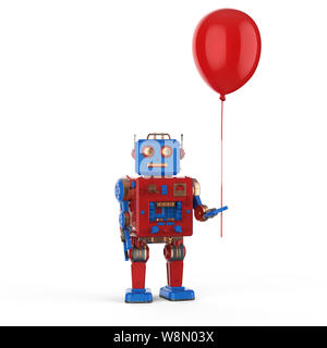 Friendly technology concept with 3d rendering robot hold red balloon on white background Stock Photo