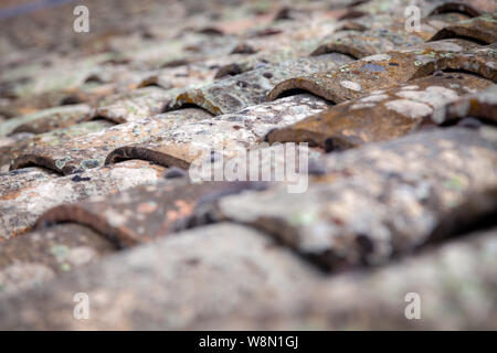 Textural background. Closeup aged old antique vintage shingles, tiles on the roof of medieval European house covered with moss, patina Stock Photo